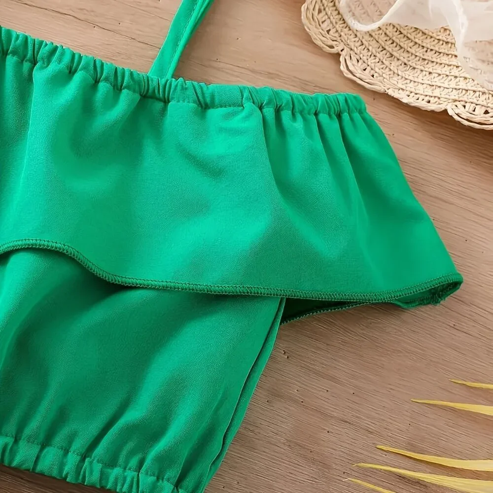 2-Piece Girl's Green Off-Shoulder Blouse Top + Tropical Shorts Set